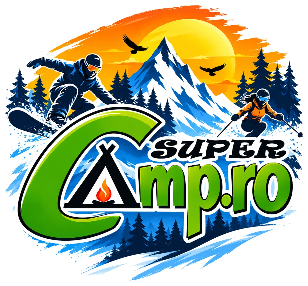 Logo SuperCamp.ro: snowboarder și schioare în fața unui munte la apus