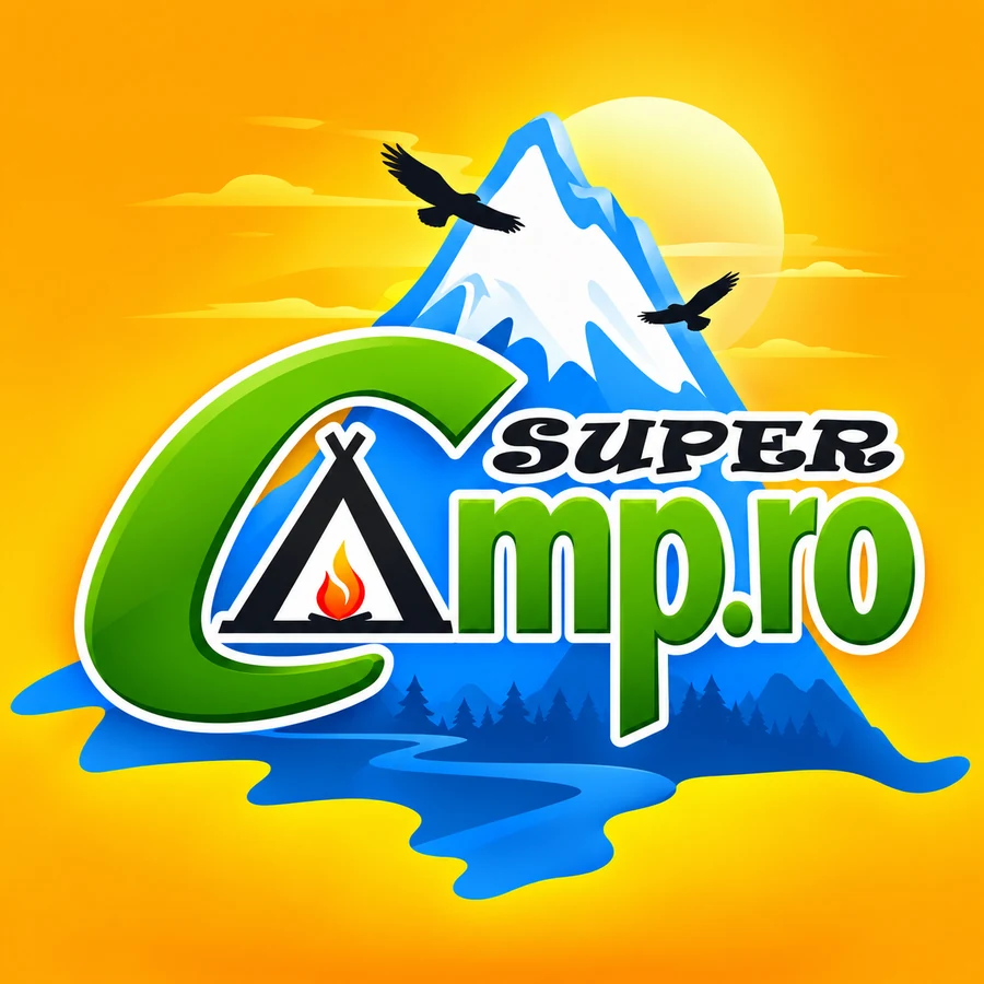Logo SuperCamp.ro de vară: munte, soare și cort cu foc de tabără