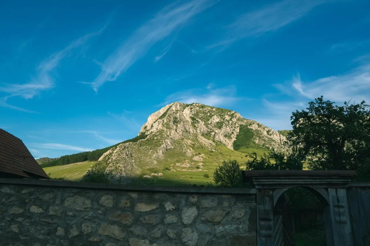 Peisaj de munte, cu stânci și un gard de lemn